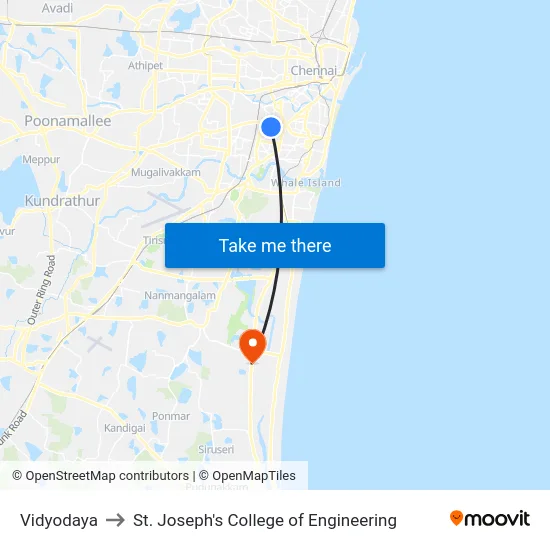 Vidyodaya to St. Joseph's College of Engineering map