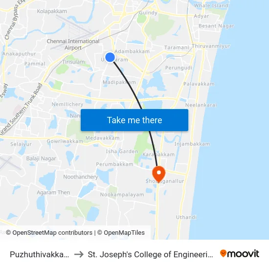 Puzhuthivakkam to St. Joseph's College of Engineering map