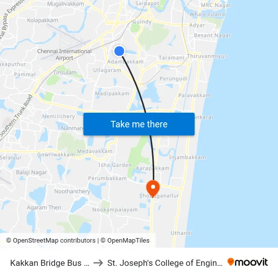 Kakkan Bridge Bus Stop to St. Joseph's College of Engineering map