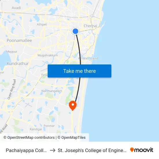 Pachaiyappa College to St. Joseph's College of Engineering map