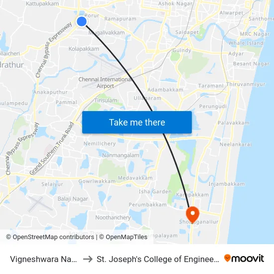 Vigneshwara Nagar to St. Joseph's College of Engineering map
