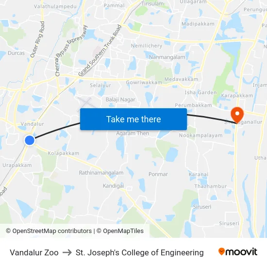 Vandalur Zoo to St. Joseph's College of Engineering map