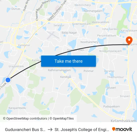 Guduvancheri Bus Station to St. Joseph's College of Engineering map