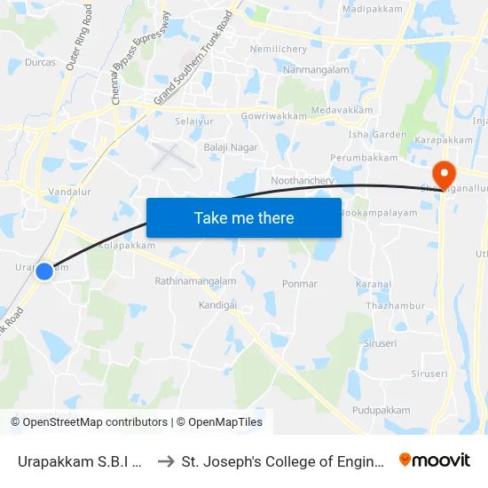 Urapakkam S.B.I Bank to St. Joseph's College of Engineering map