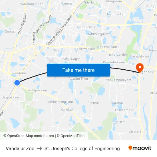 Vandalur Zoo to St. Joseph's College of Engineering map