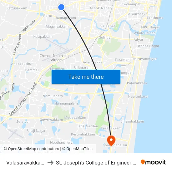 Valasaravakkam to St. Joseph's College of Engineering map
