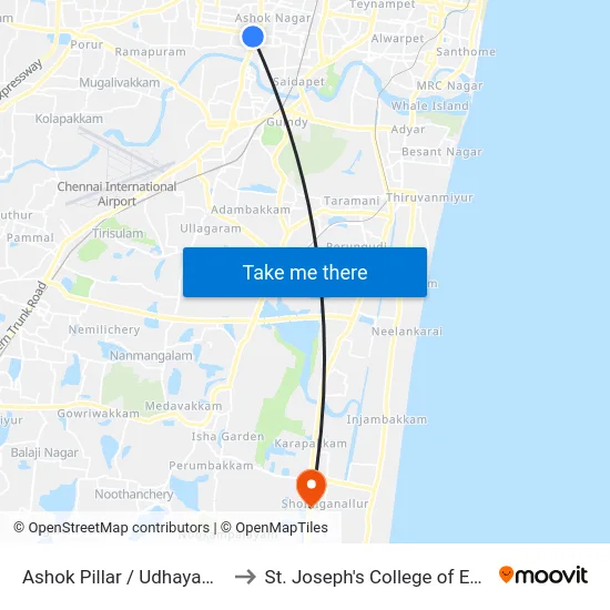 Ashok Pillar / Udhayam Theatre to St. Joseph's College of Engineering map