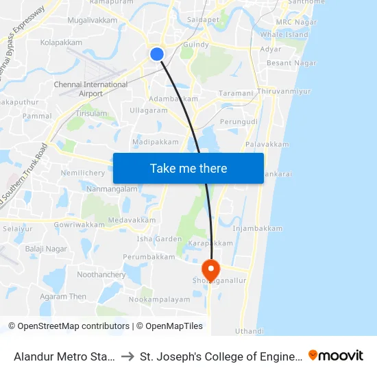 Alandur Metro Station to St. Joseph's College of Engineering map