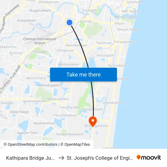 Kathipara Bridge Junction to St. Joseph's College of Engineering map
