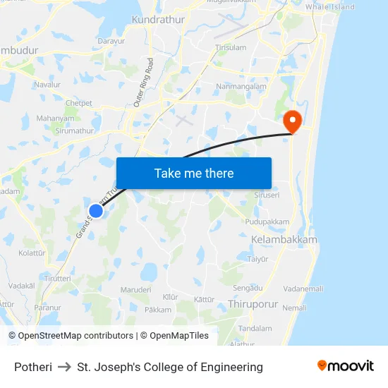 Potheri to St. Joseph's College of Engineering map