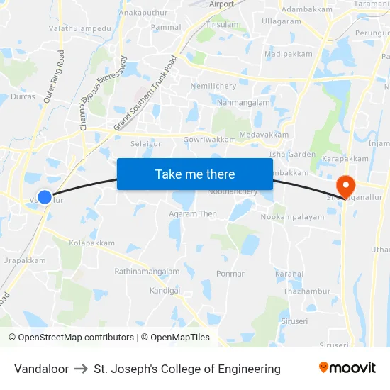 Vandaloor to St. Joseph's College of Engineering map