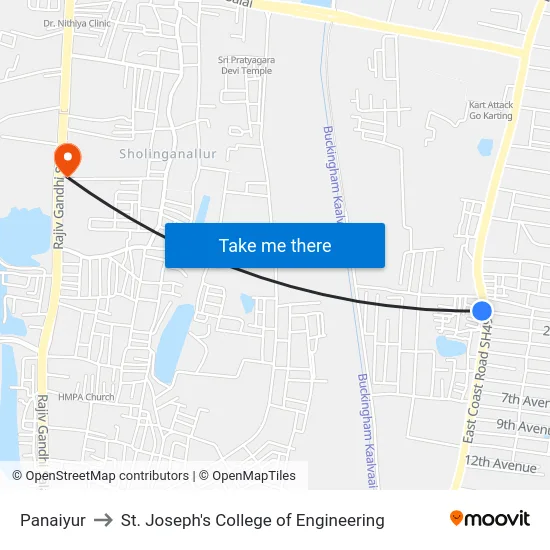 Panaiyur to St. Joseph's College of Engineering map