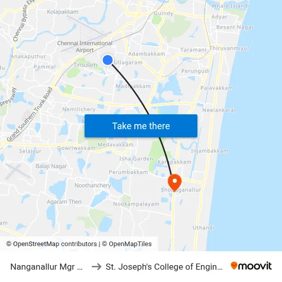 Nanganallur Mgr Road to St. Joseph's College of Engineering map