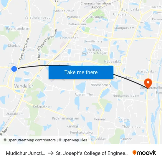 Mudichur Junction to St. Joseph's College of Engineering map