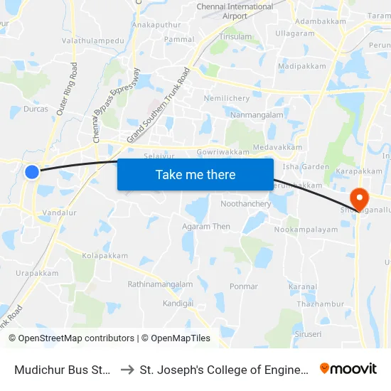 Mudichur Bus Stand to St. Joseph's College of Engineering map