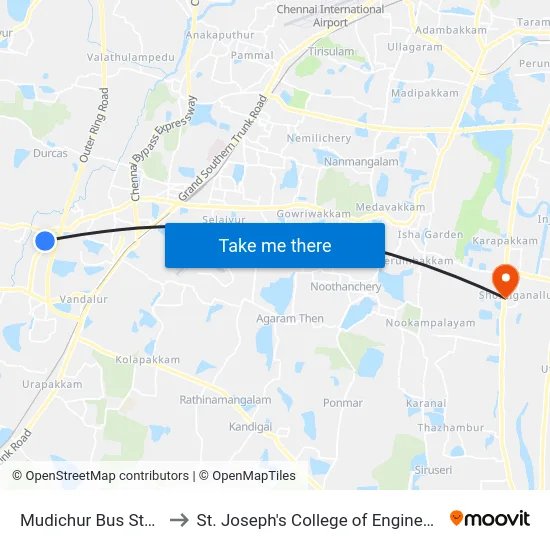 Mudichur Bus Stand to St. Joseph's College of Engineering map