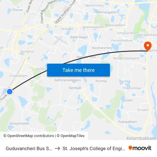 Guduvancheri Bus Station to St. Joseph's College of Engineering map