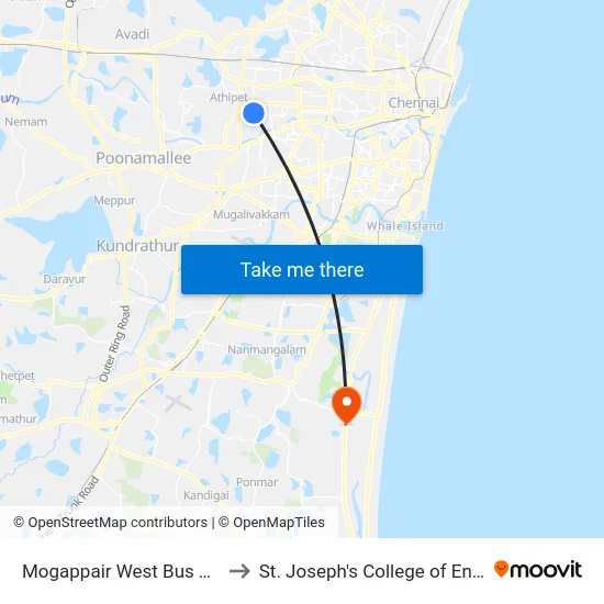 Mogappair West Bus Terminus to St. Joseph's College of Engineering map