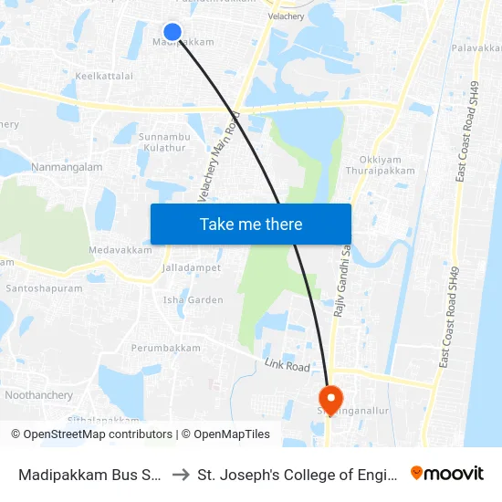 Madipakkam Bus Station to St. Joseph's College of Engineering map