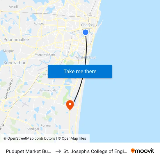 Pudupet Market Bus Stop to St. Joseph's College of Engineering map