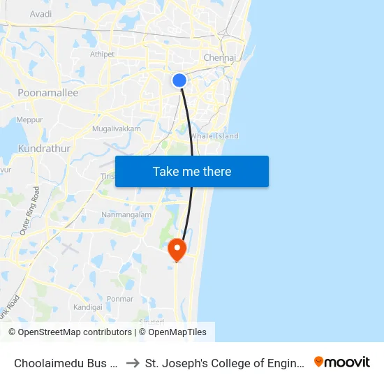 Choolaimedu Bus Stop to St. Joseph's College of Engineering map