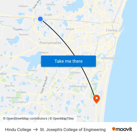 Hindu College to St. Joseph's College of Engineering map
