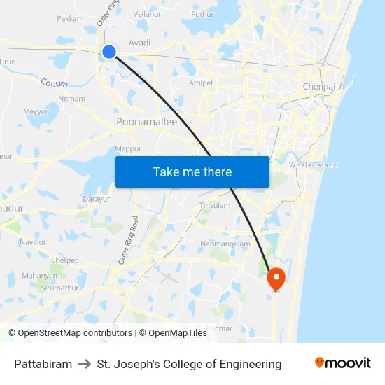 Pattabiram to St. Joseph's College of Engineering map
