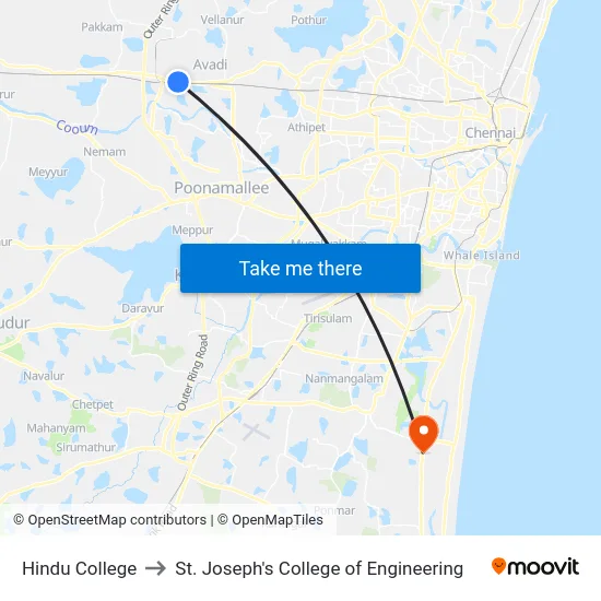 Hindu College to St. Joseph's College of Engineering map