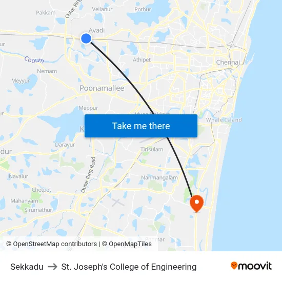 Sekkadu to St. Joseph's College of Engineering map
