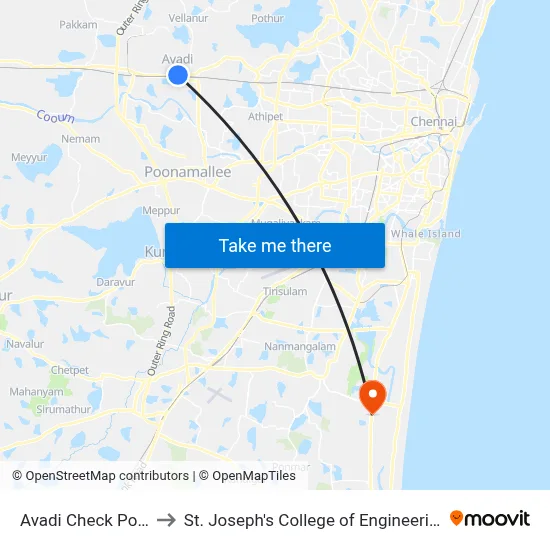 Avadi Check Post to St. Joseph's College of Engineering map
