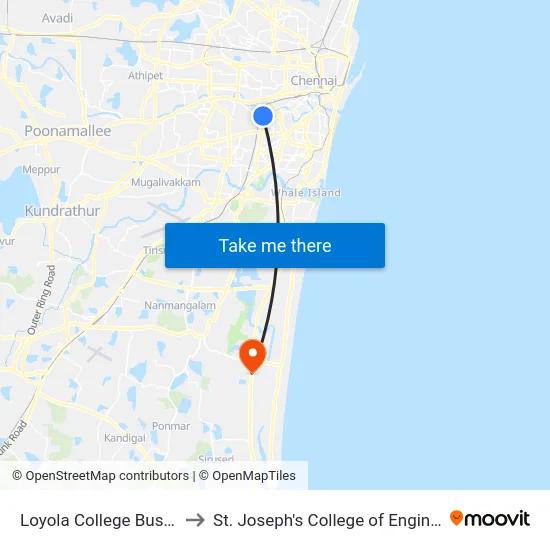 Loyola College Bus Stop to St. Joseph's College of Engineering map