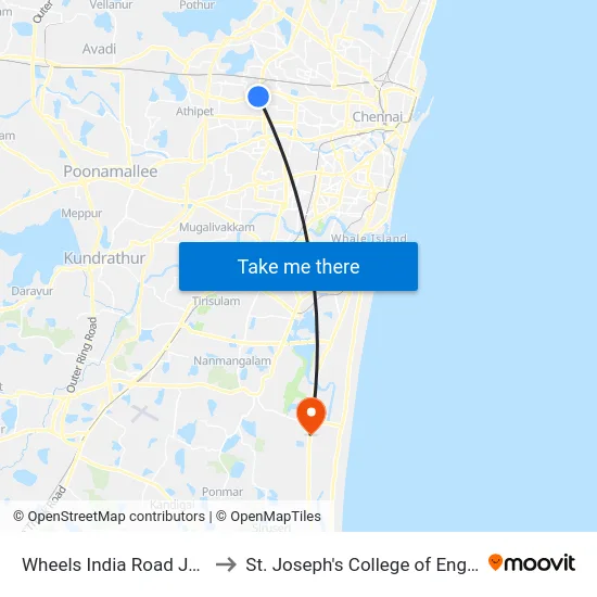 Wheels India Road Junction to St. Joseph's College of Engineering map
