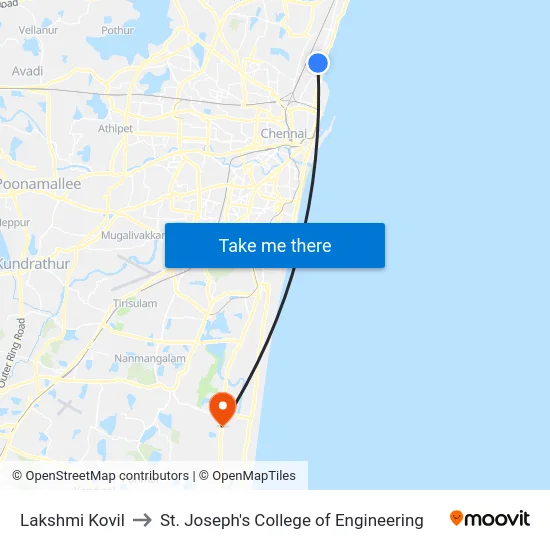 Lakshmi Kovil to St. Joseph's College of Engineering map