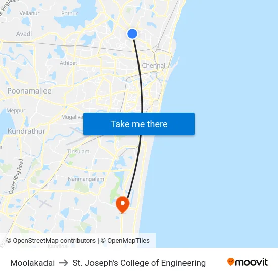 Moolakadai to St. Joseph's College of Engineering map