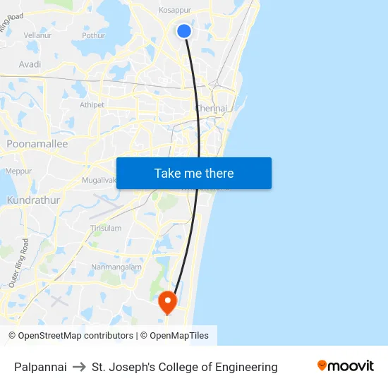 Palpannai to St. Joseph's College of Engineering map