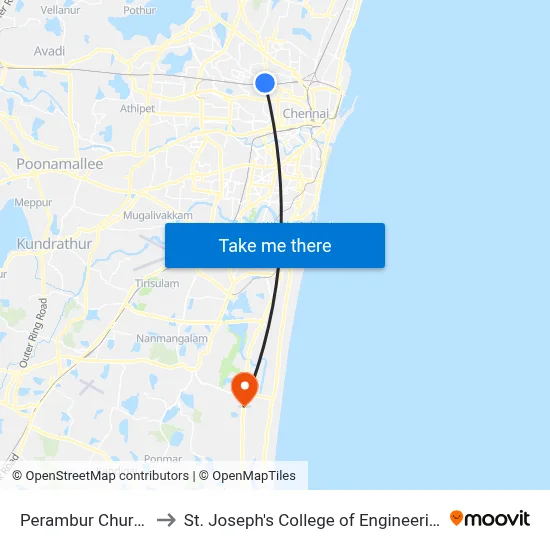 Perambur Church to St. Joseph's College of Engineering map