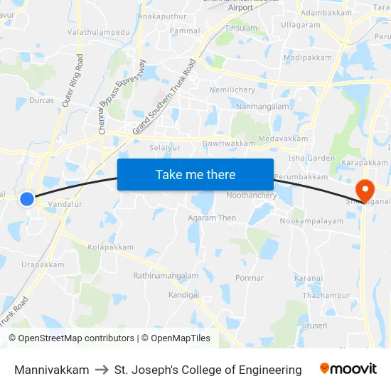 Mannivakkam to St. Joseph's College of Engineering map