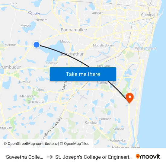 Saveetha College to St. Joseph's College of Engineering map