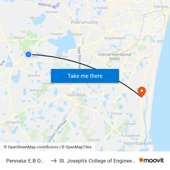 Pennalur E.B Office to St. Joseph's College of Engineering map