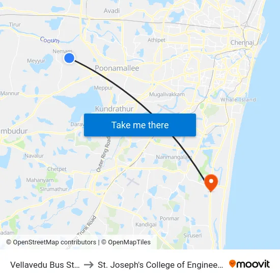 Vellavedu Bus Stop to St. Joseph's College of Engineering map