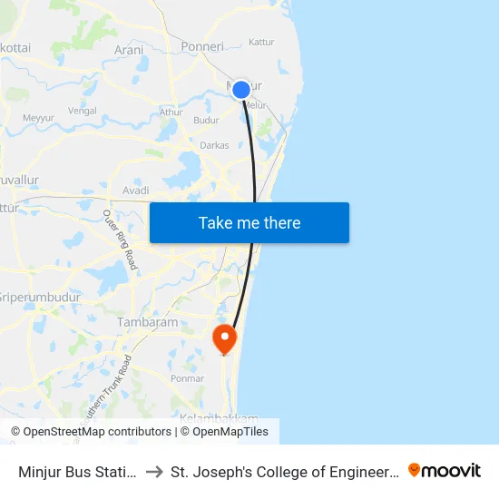 Minjur Bus Station to St. Joseph's College of Engineering map