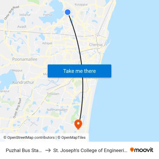 Puzhal Bus Stand to St. Joseph's College of Engineering map