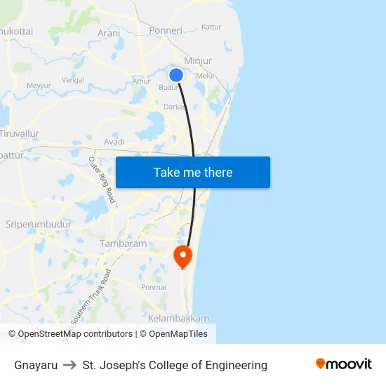 Gnayaru to St. Joseph's College of Engineering map