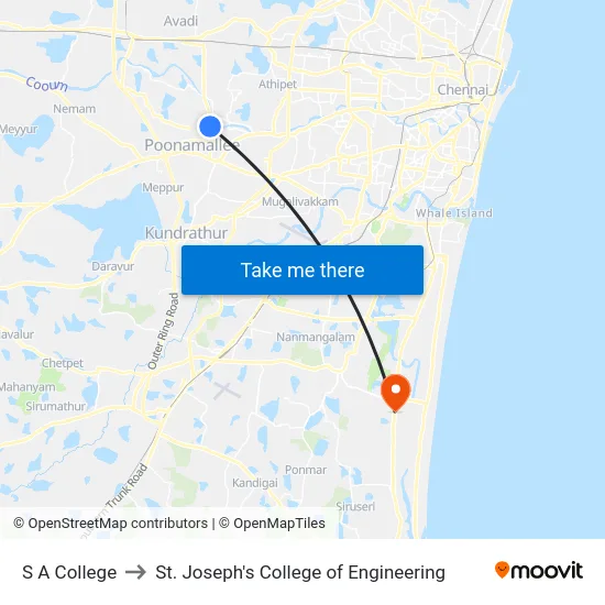S A College to St. Joseph's College of Engineering map