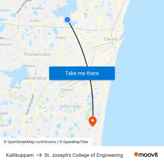 Kallikuppam to St. Joseph's College of Engineering map