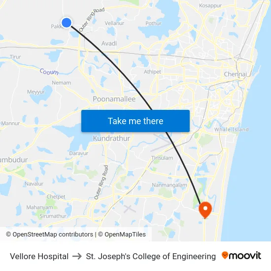 Vellore Hospital to St. Joseph's College of Engineering map