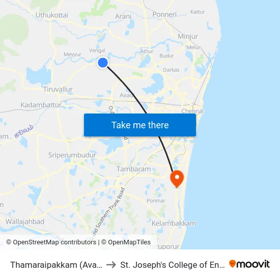 Thamaraipakkam (Avadi Road) to St. Joseph's College of Engineering map