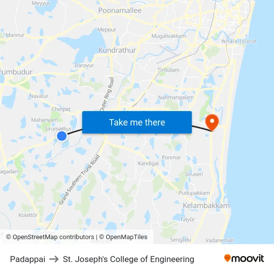 Padappai to St. Joseph's College of Engineering map