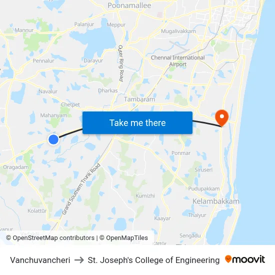 Vanchuvancheri to St. Joseph's College of Engineering map