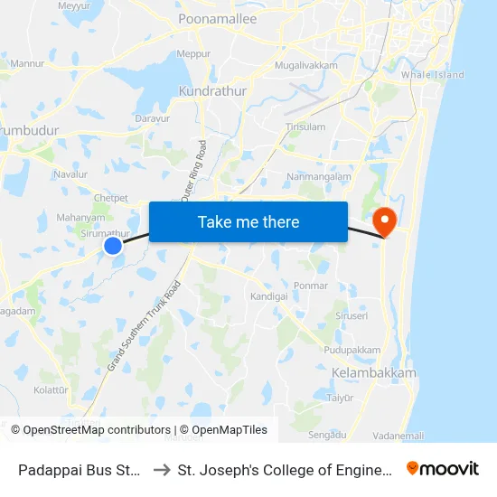 Padappai Bus Stand to St. Joseph's College of Engineering map